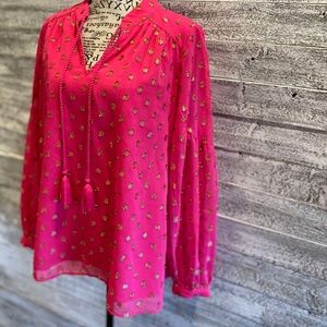 **CLEARANCE** HOT PINK Crown Ivy Bohemian Blouse Size Small, polka dot, metallic